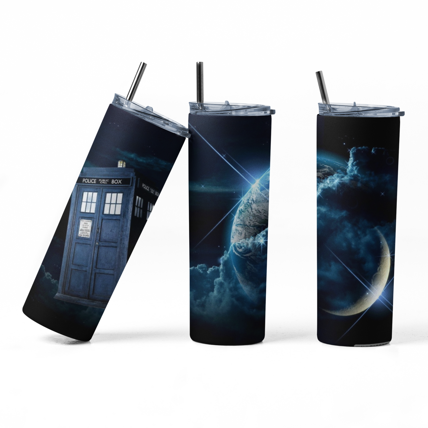 Tardis and earth: 20oz Straight Hot/Cold Tumbler with Lid and Straw