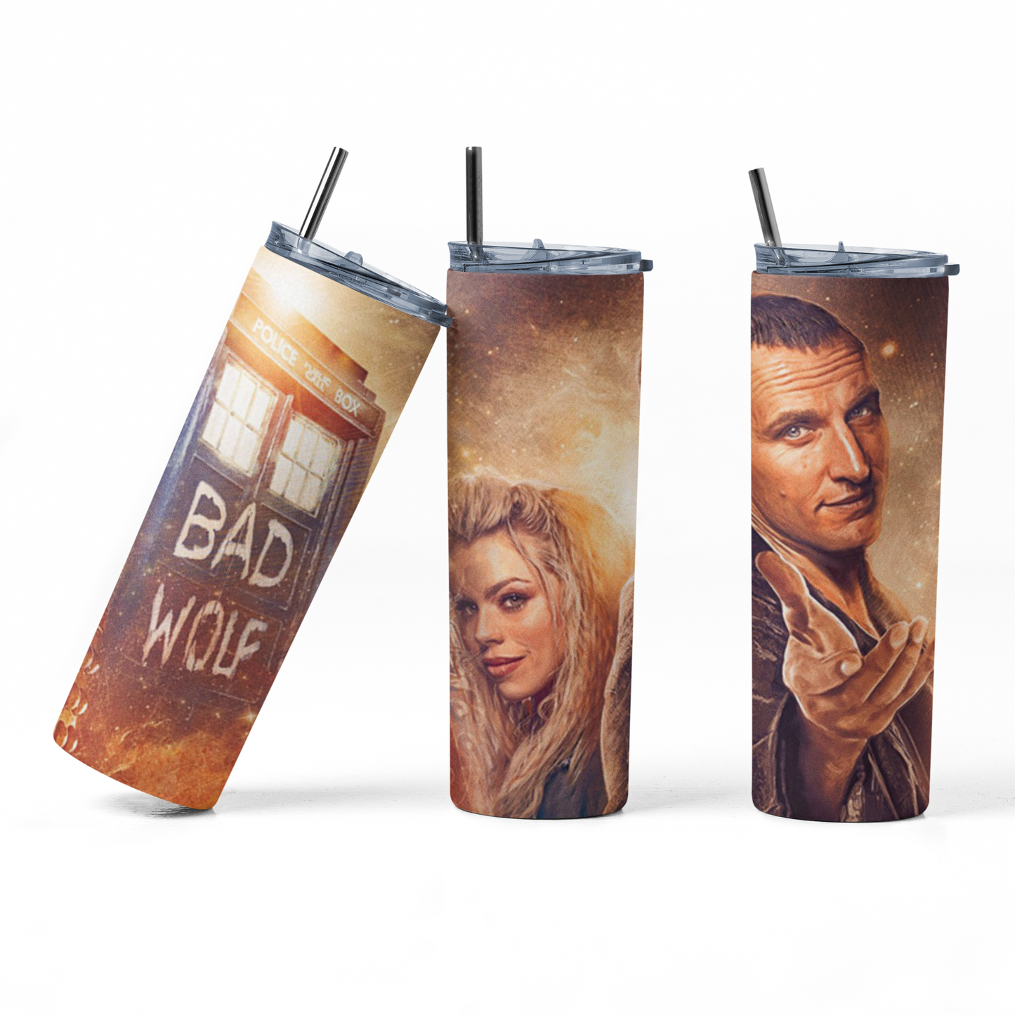 9th Doctor and Rose Bad Wolf: 20oz Straight Hot/Cold Tumbler with Lid and Straw