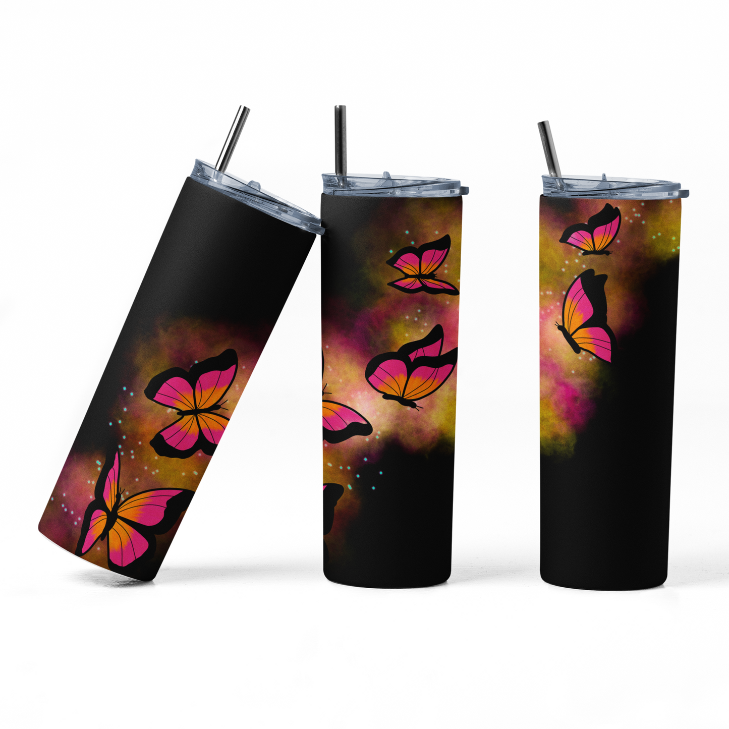 Cosmic Butterflies Pink and Orange 20oz Straight Hot/Cold Tumbler with Lid and Straw