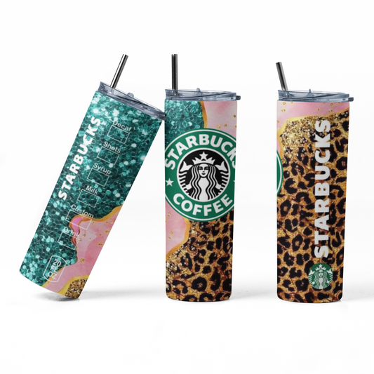 Starbucks Teal Pink Leopard Print 20oz Straight Hot/Cold Tumbler with Lid and Straw