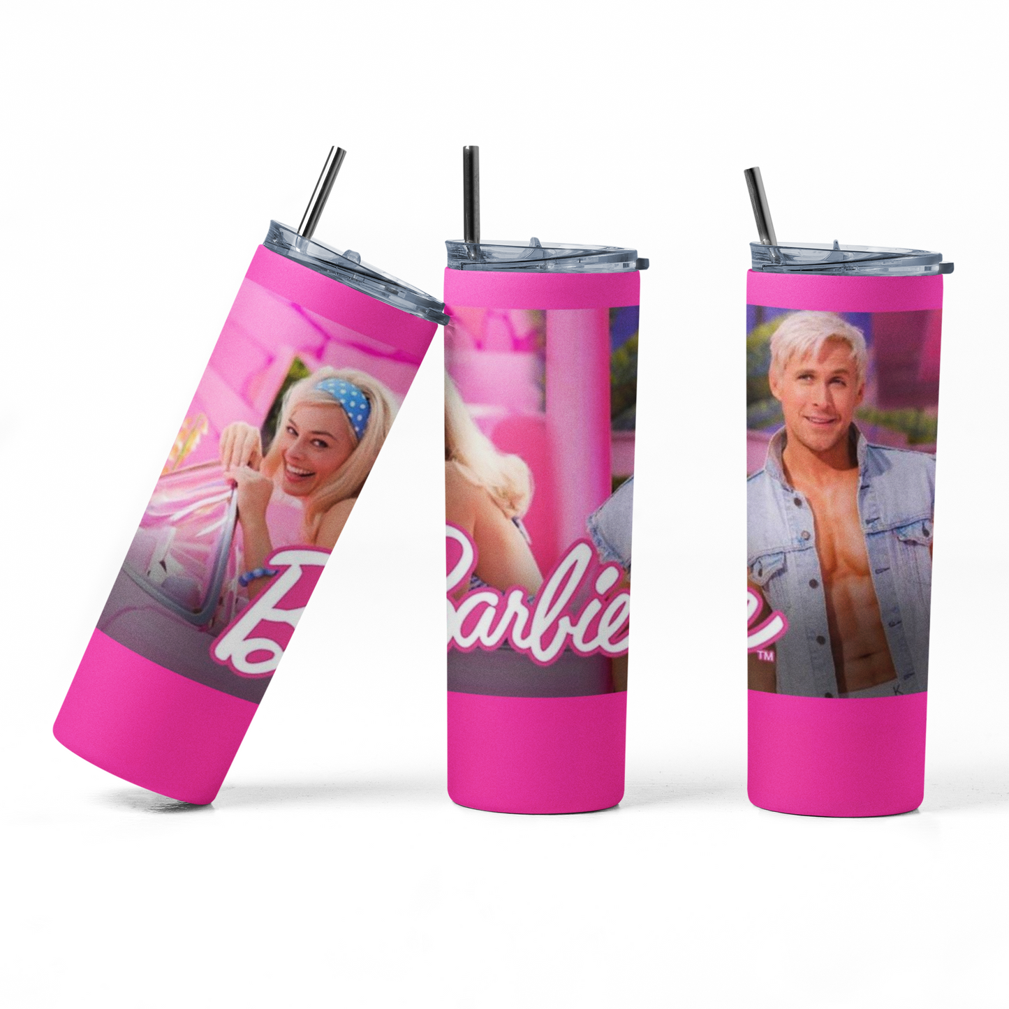 Barbie-Movie actors w pink background 20oz Straight Hot/Cold Tumbler with Lid and Straw