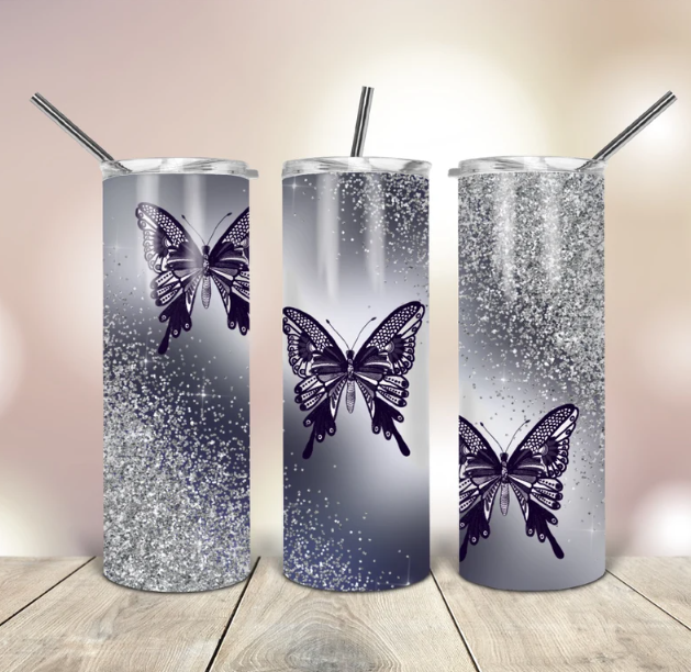 Silver diamonds with purple butterflies 20oz Tumbler with Lid and Straw